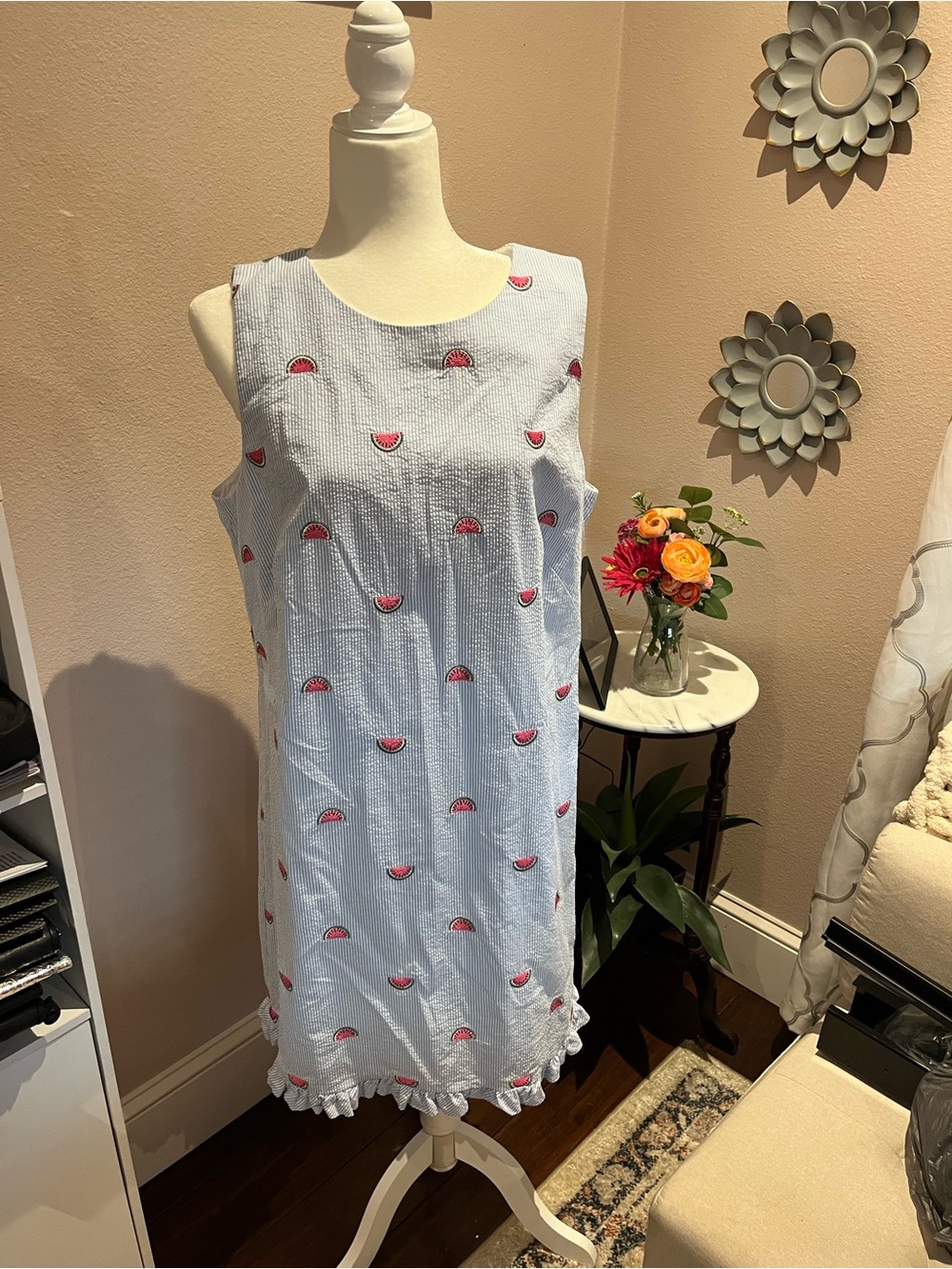 Talbots Blue and White Striped Dress with Sleeveless Cut